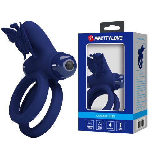 Ерекційне віброкільце подвійне PRETTY LOVE Powerful Ring Jamele з метеликом, 10 режимів, синє