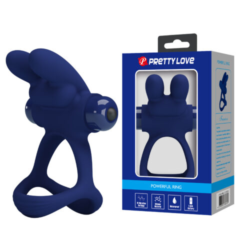 Ерекційне віброкільце PRETTY LOVE Powerful Ring подвійне, з вушками для клітора, синє, 8.7 х 3.3 см