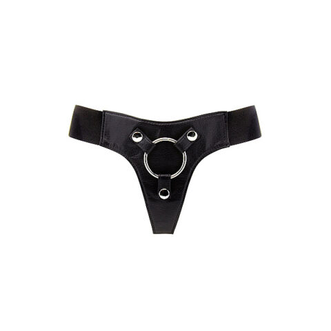 Трусики для страпона REALROCK Elastic Harness з кільцем, шкіряні, чорні, One Size (S-XL)