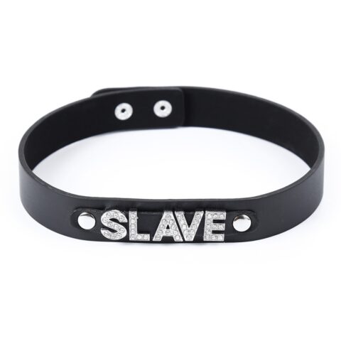 Нашийник з написом SLAVE зі страз DS Fetish, шкірозамінник, чорний